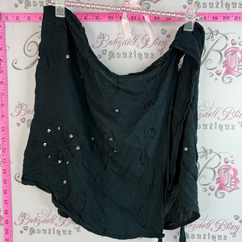 Ucho bali skirt wrap style sequins, floral, Black Embroidered Mini Skirt